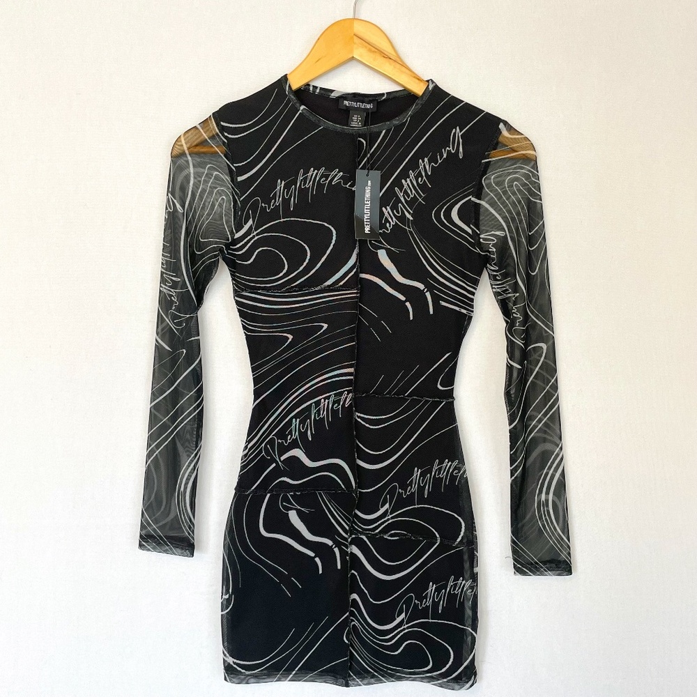 PRETTY LITTLE THING Size 2 Black & Gray Mesh Contrast Panel Bodycon Dress NEW